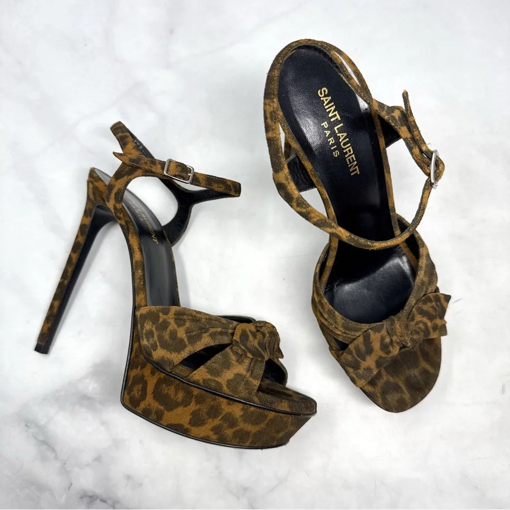 Saint Laurent Bianca Bow 105 Leopard Suede Platform Stiletto Sandal Heels Brown - Picture 3 of 16